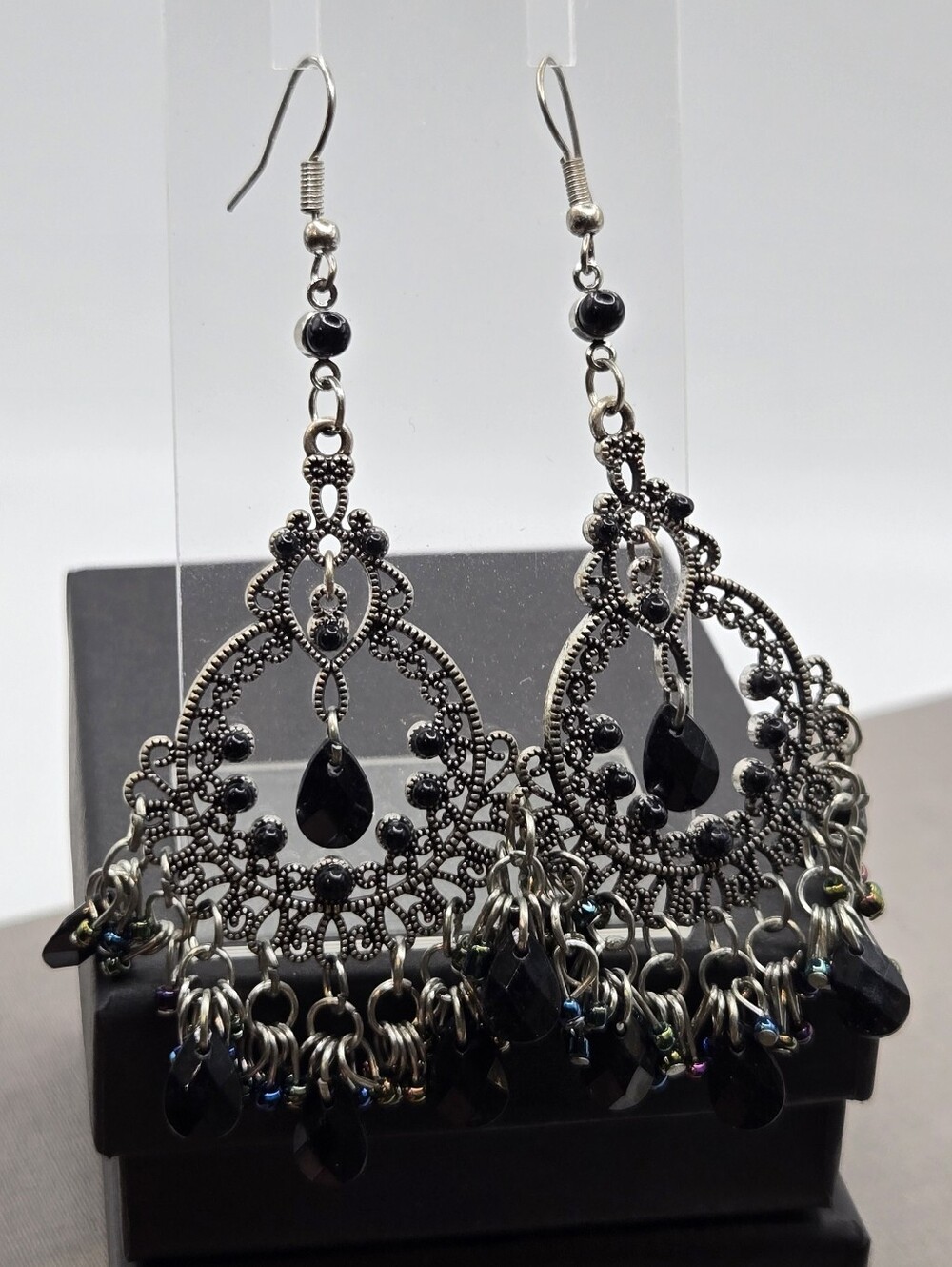 Whimsigoth Silver Tone Black Crystal Chandelier Earrings Goth Byzantine Revival